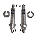 Pair of Viking Crusader coilover shocks with threaded bodies, spring seats, spherical bearings, and adjustment hardware, displayed with included spacers and spring retaining collars on a white background