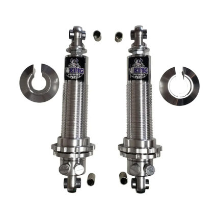 Pair of Viking Crusader coilover shocks with threaded bodies, spring seats, spherical bearings, and adjustment hardware, displayed with included spacers and spring retaining collars on a white background