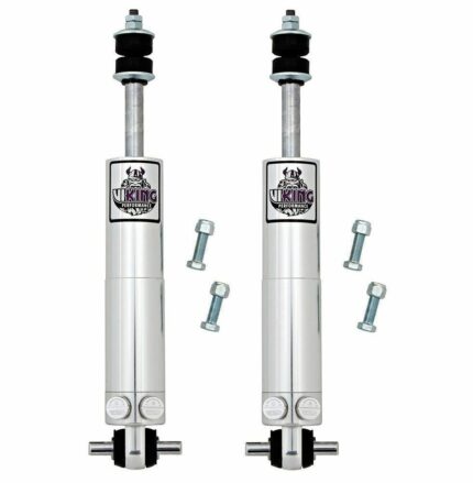 Pair of Viking Performance double adjustable front shocks with clear anodized aluminum bodies, black bushings, and adjustment knobs labeled 'C' for compression and 'R' for rebound, shown with four mounting bolts on a white background